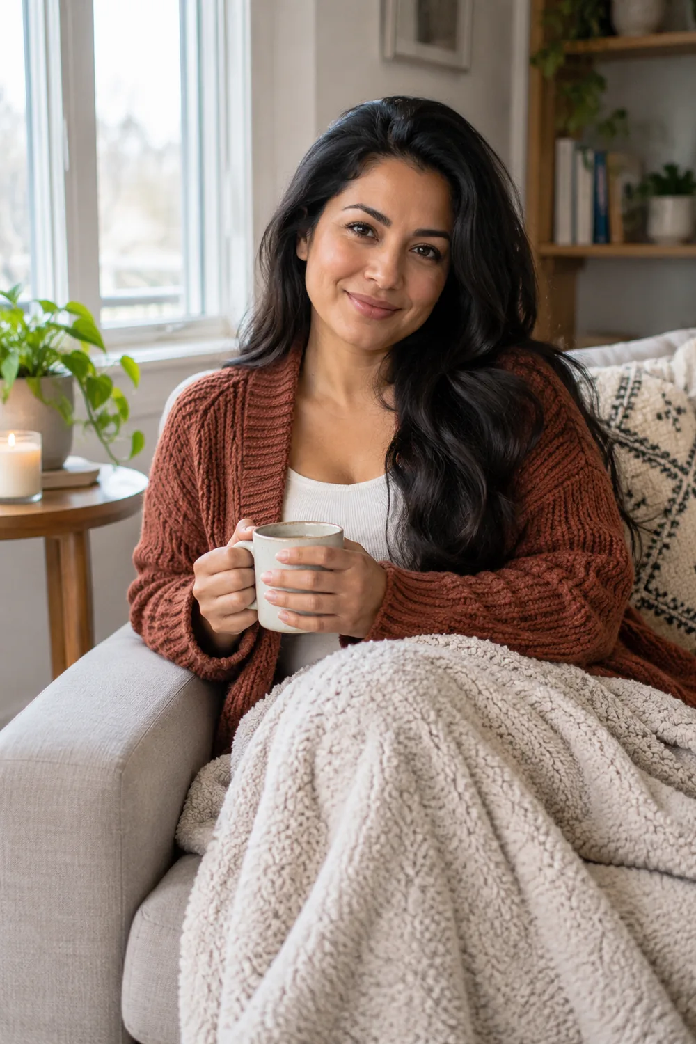 A woman in a rust cardigan sits on a sofa with a blanket over her lap, holding a mug beside a bright window.