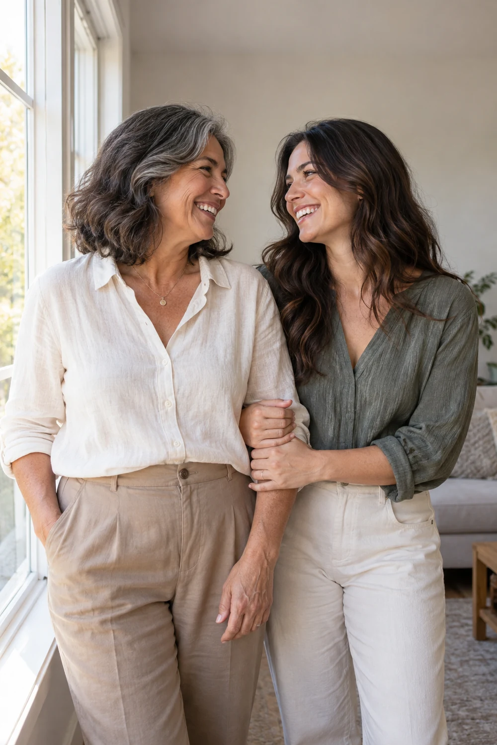 A mature woman and her adult daughter laugh together beside a bright living-room window, dressed in neutral blouses and trousers with their arms gently linked.