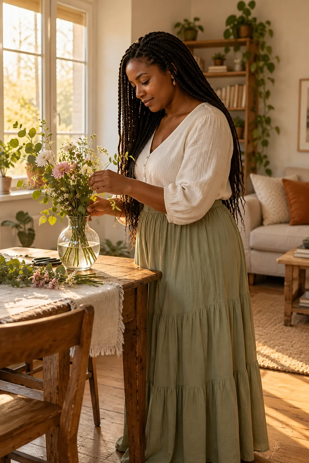 A woman with long braids arranges flowers in a glass vase at a wooden table in a warmly lit home.