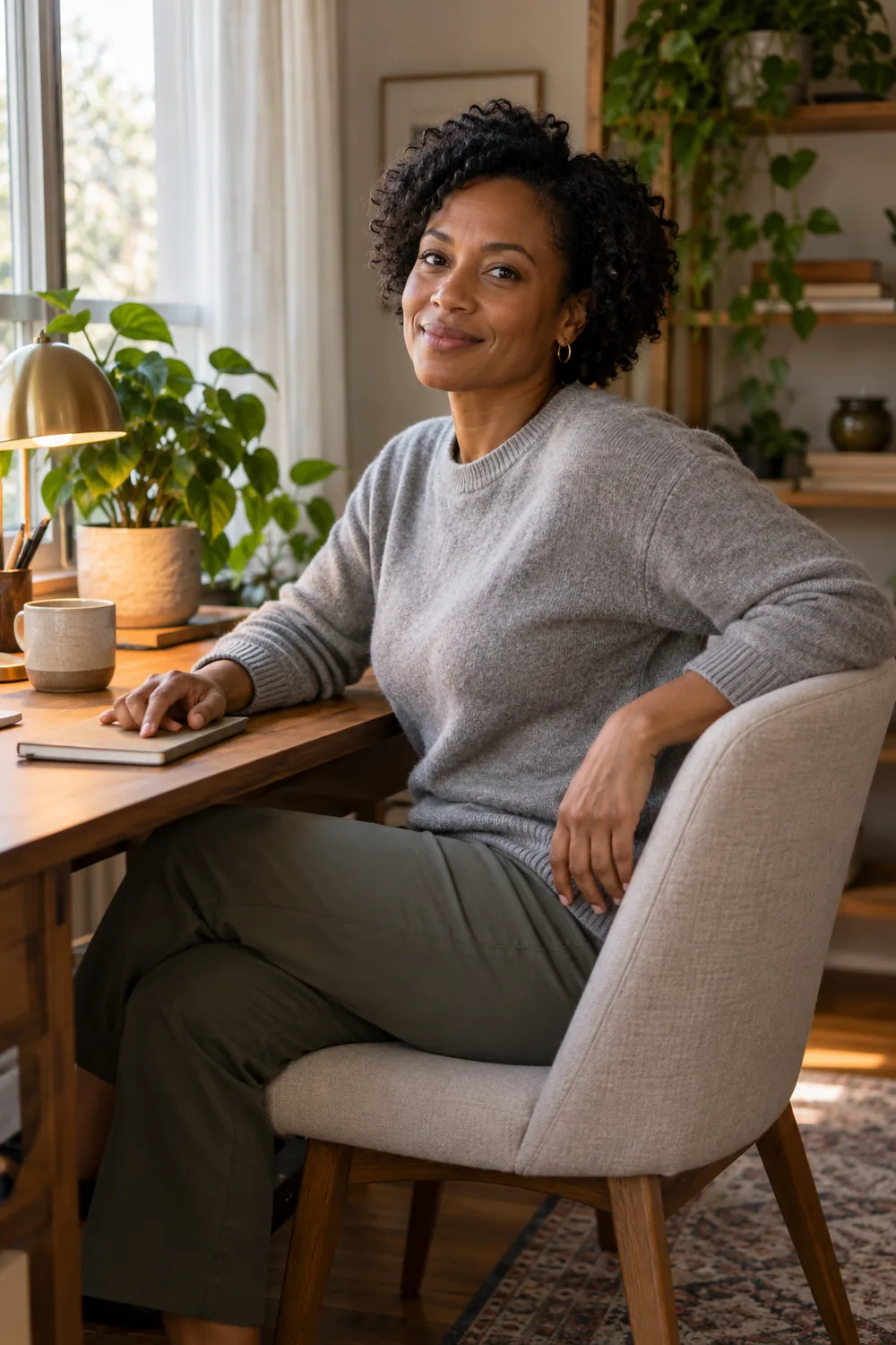 A woman with short natural curls sits sideways at a compact wooden home desk in a gray sweater and trousers, beside a closed notebook, cup, and lamp.