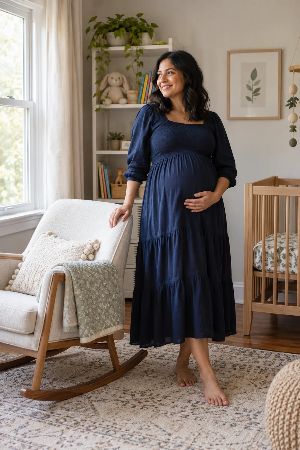 A visibly pregnant woman in a navy dress stands beside a white rocking chair in a softly lit nursery, one hand resting on her belly.