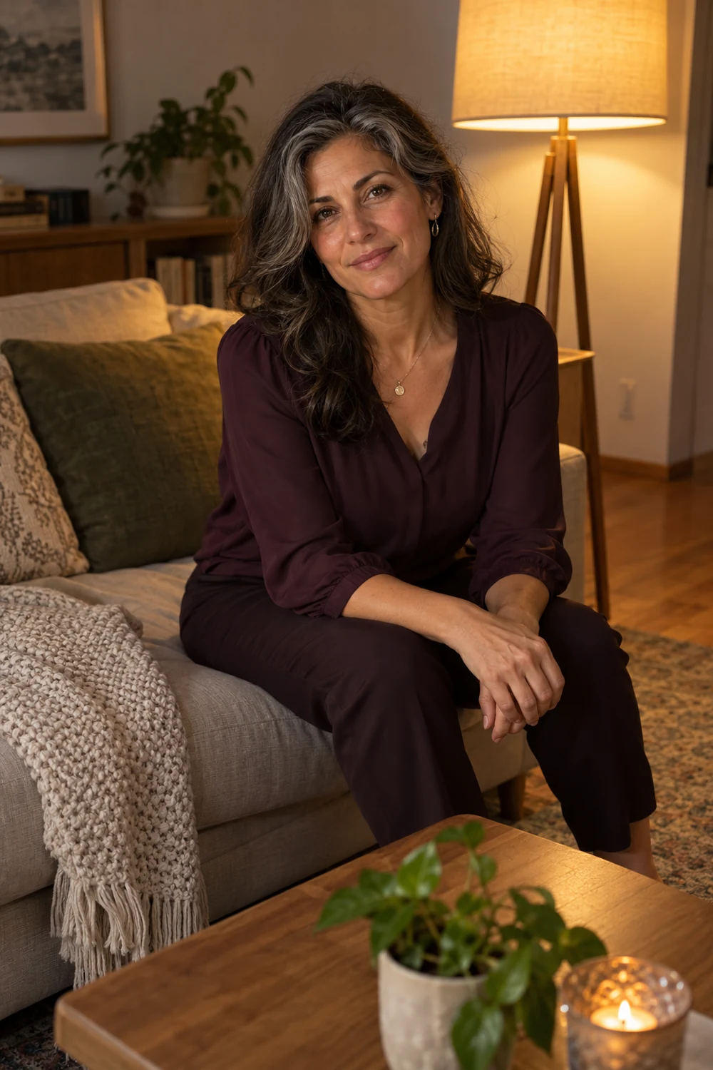 A woman in a dark plum blouse and trousers sits on a sofa beside a glowing floor lamp in a cozy evening living room.