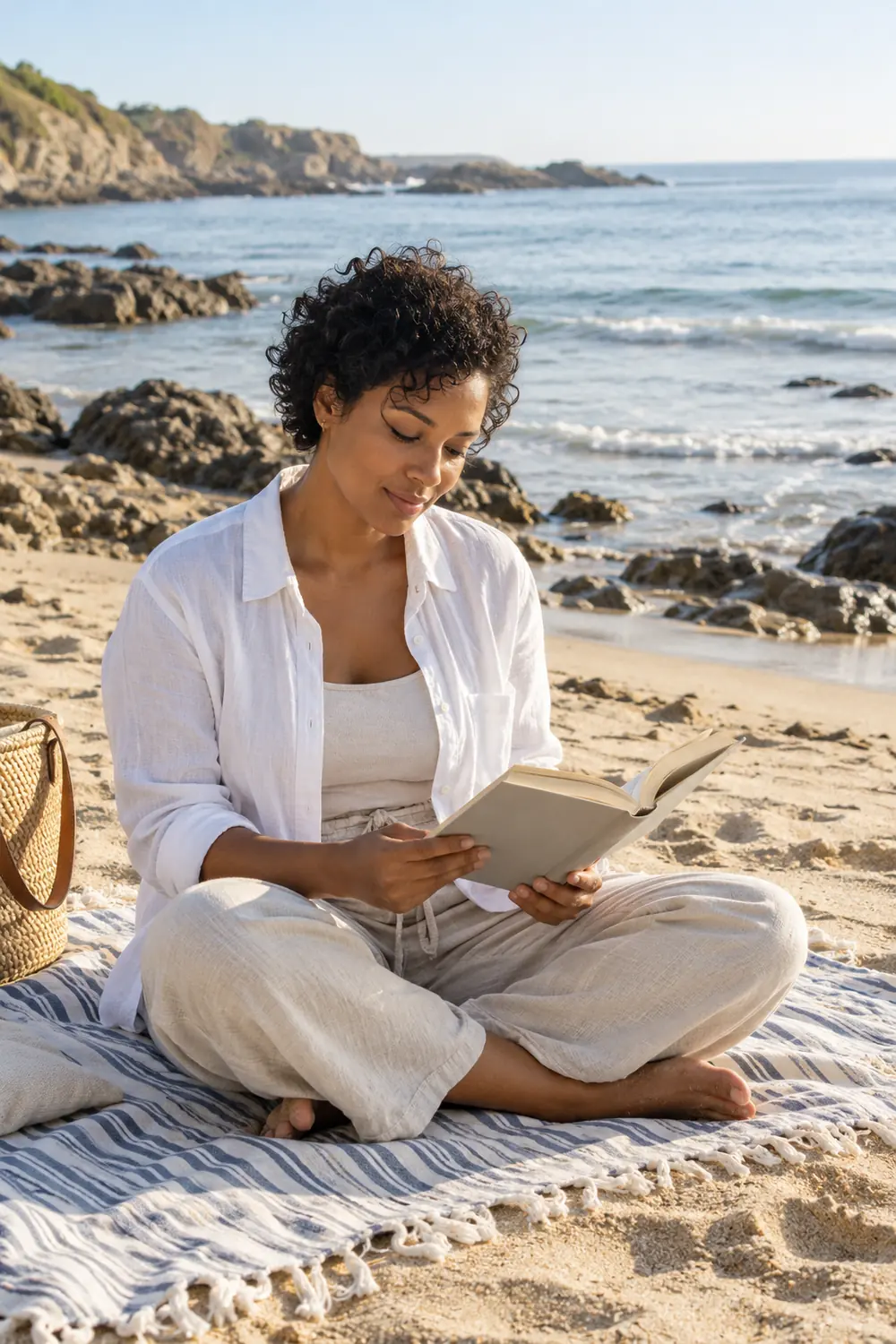 Adult woman in white linen seated cross-legged on a striped blanket on dry sand, reading an open book with a rocky coast and sea behind her.