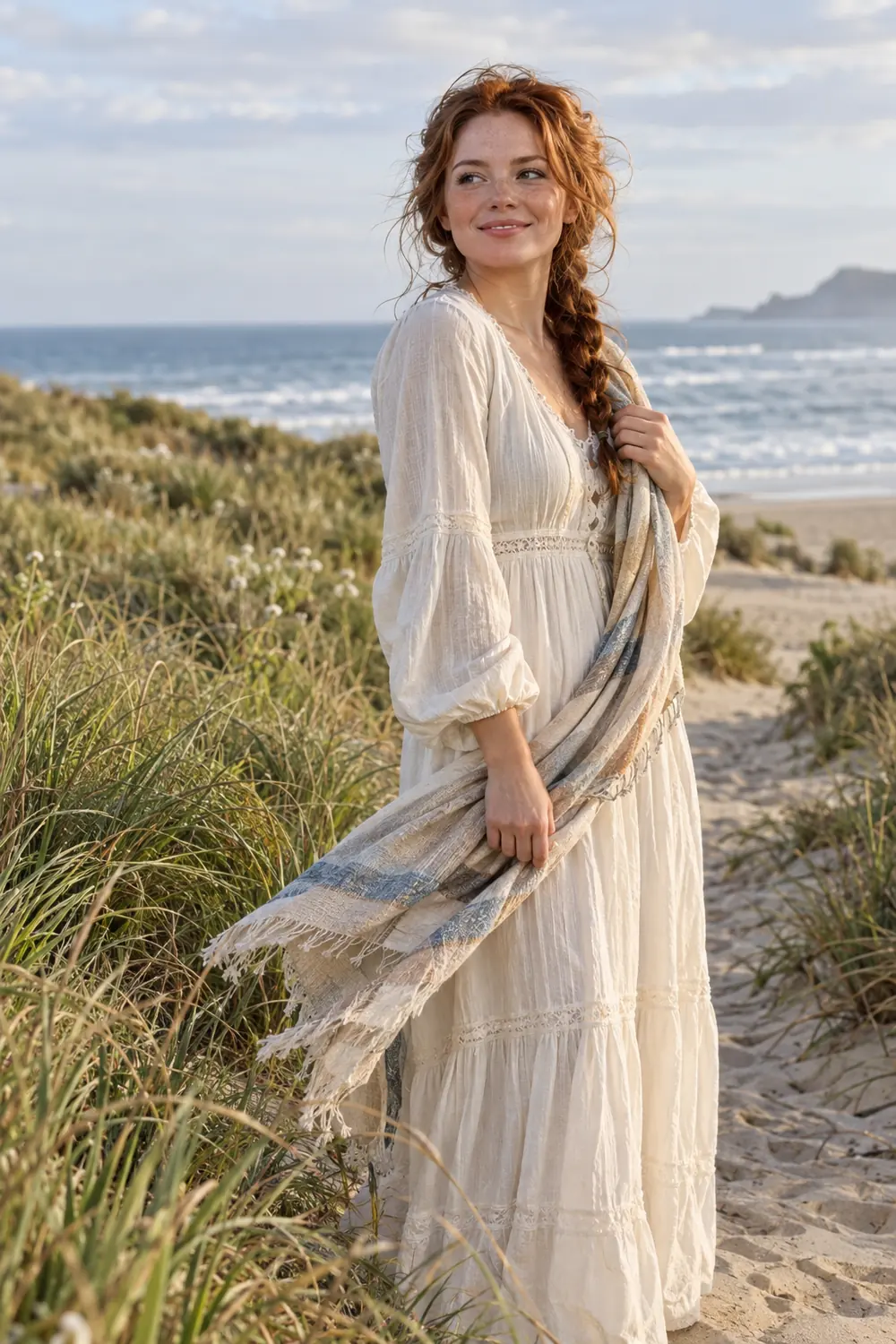 Adult woman in a cream long-sleeved dress holding a woven scarf beside dune grass, with the sea in the distance.