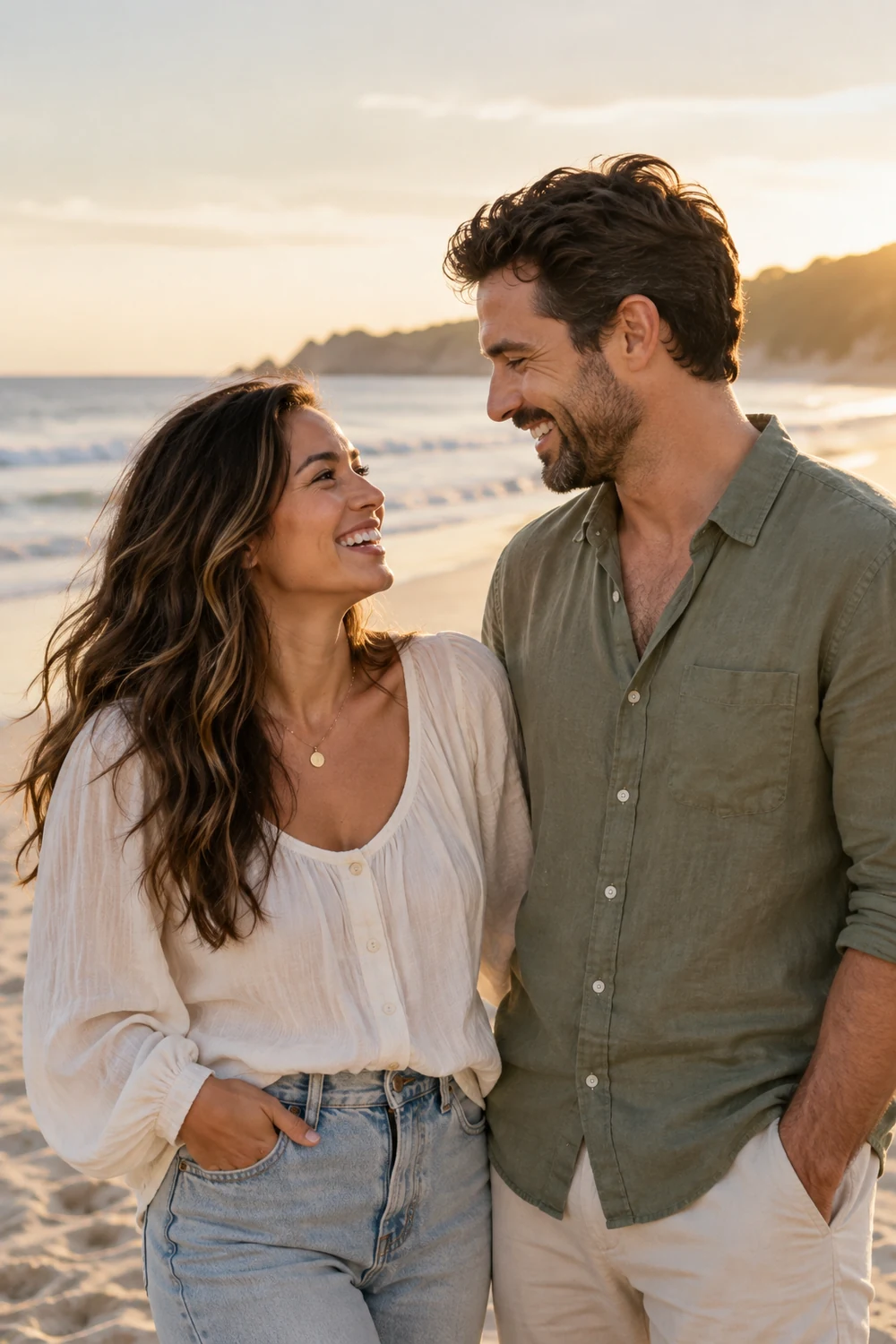 Adult couple in opaque cream and muted green casual clothing laughing together on a beach in late-afternoon light.