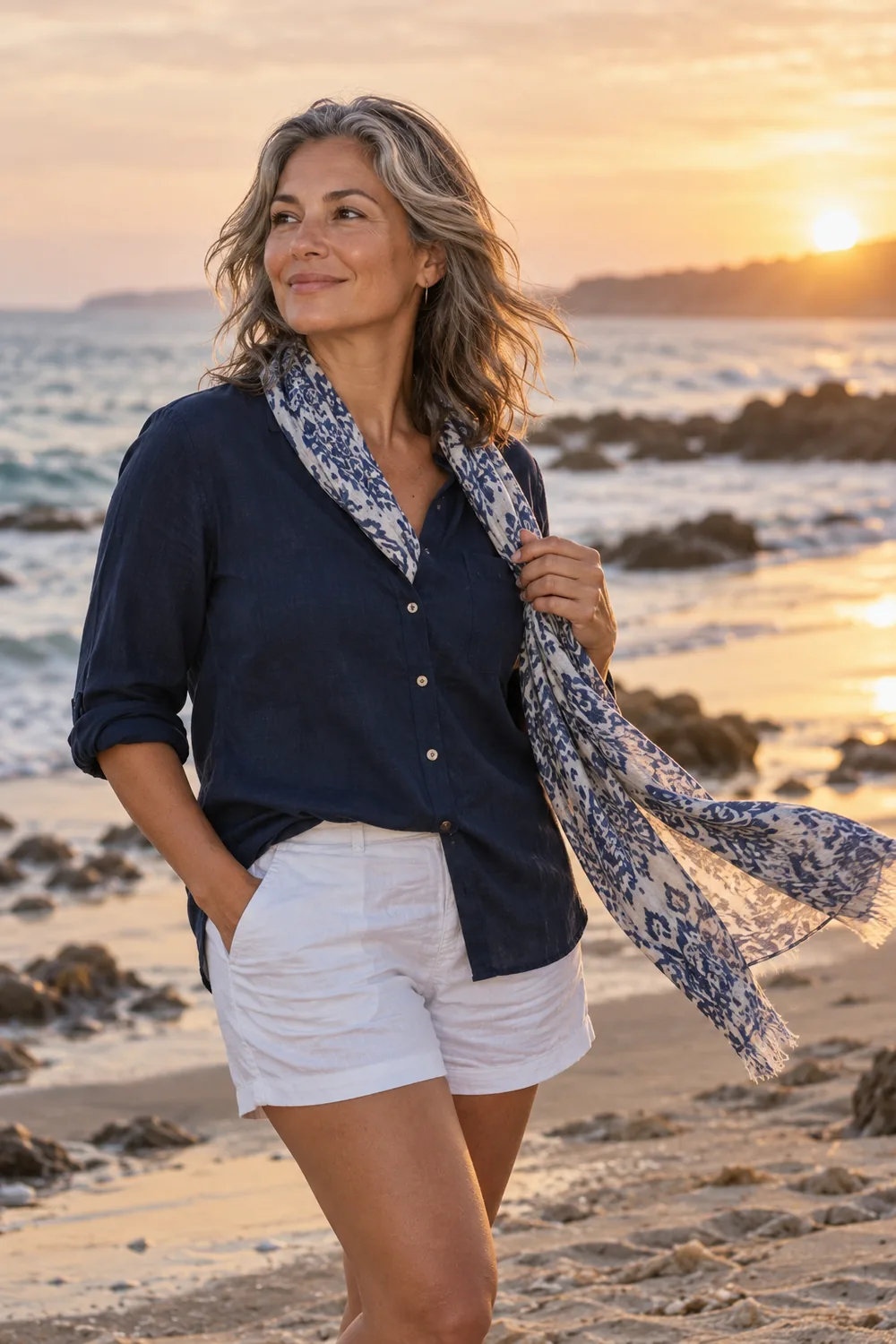 Adult woman in a navy blouse and white shorts holding a patterned scarf that streams in the breeze on a rocky beach at sunset.