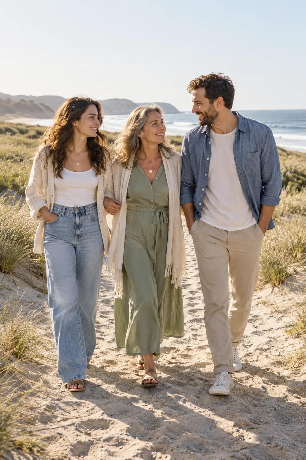 Three adult relatives in cream, sage, and denim walking together along a dune path beside the beach, smiling at one another in warm morning light.