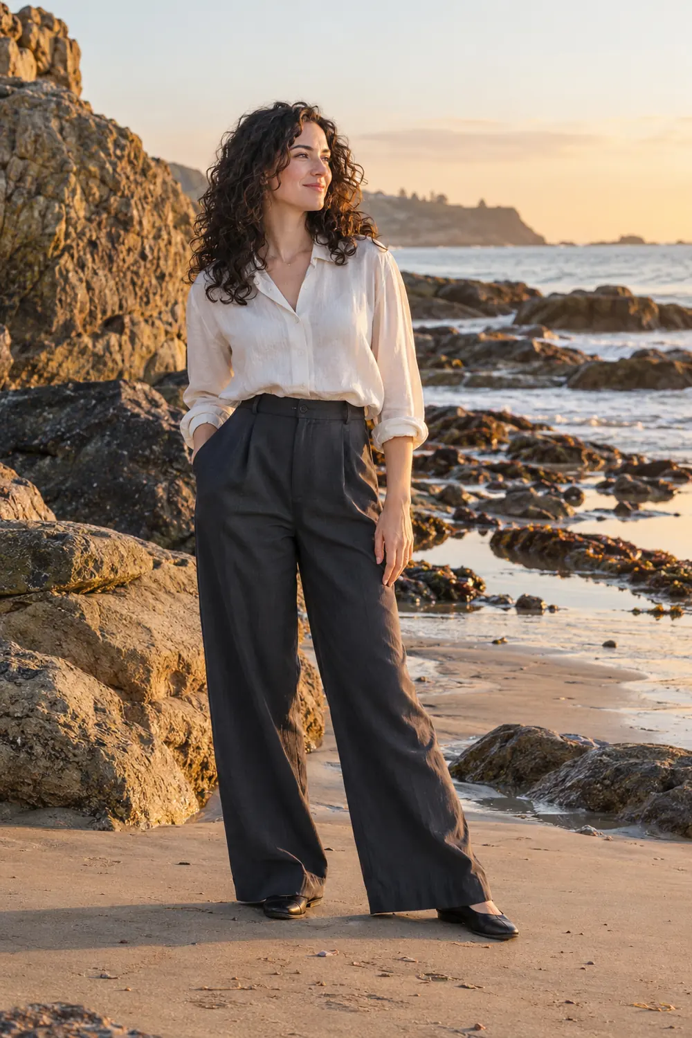 A curly haired adult woman in an ivory blouse, charcoal wide leg trousers, and flat shoes stands on dry sand among broad shoreline rocks at sunset.