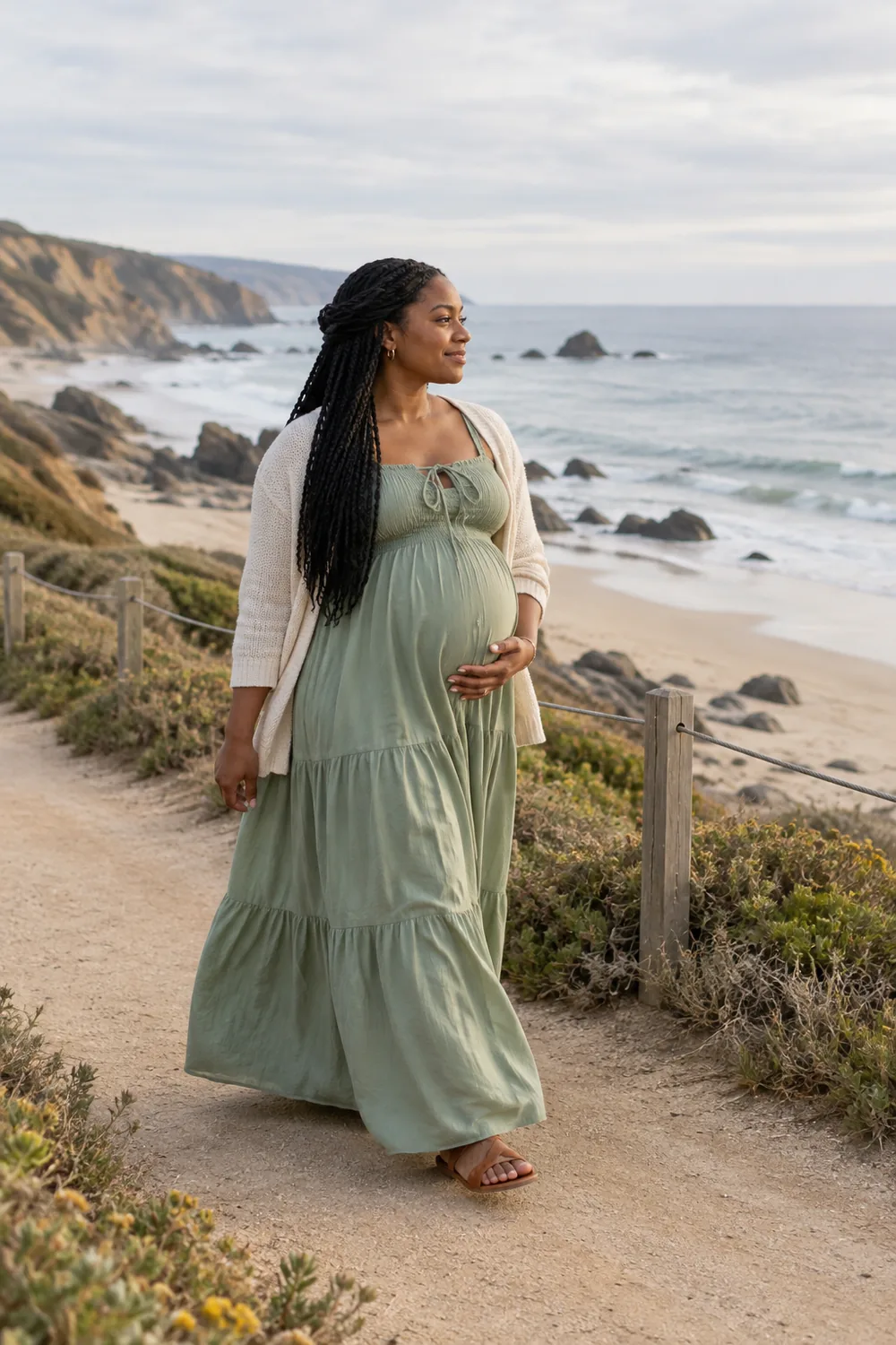 Visibly pregnant adult woman with braided hair wearing a sage maternity dress and light cardigan on a stable coastal path above the beach.