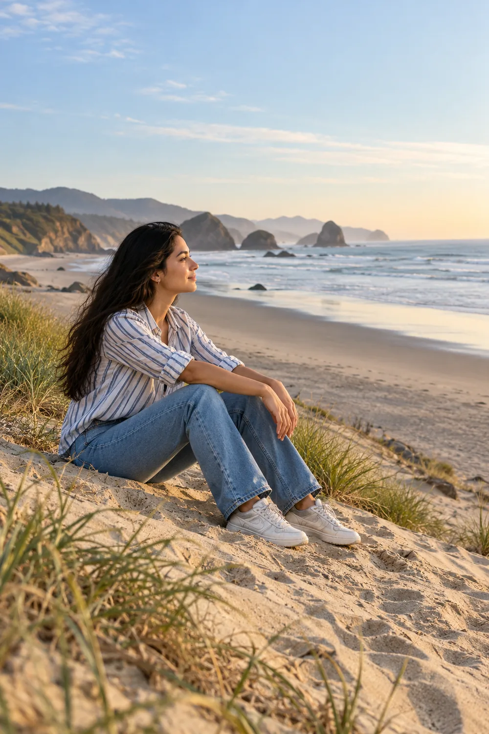 A woman in a striped shirt, jeans, and sneakers sits on a sandy rise overlooking a beach, sea, and distant rocky headlands.
