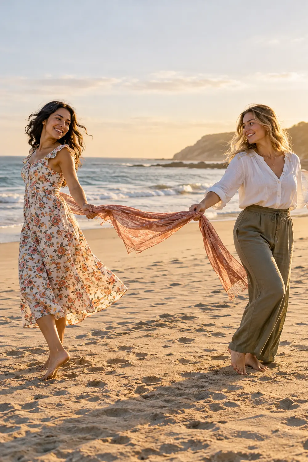 Two adult women in a floral midi dress and loose trousers hold a flowing scarf between them on a beach at golden hour.
