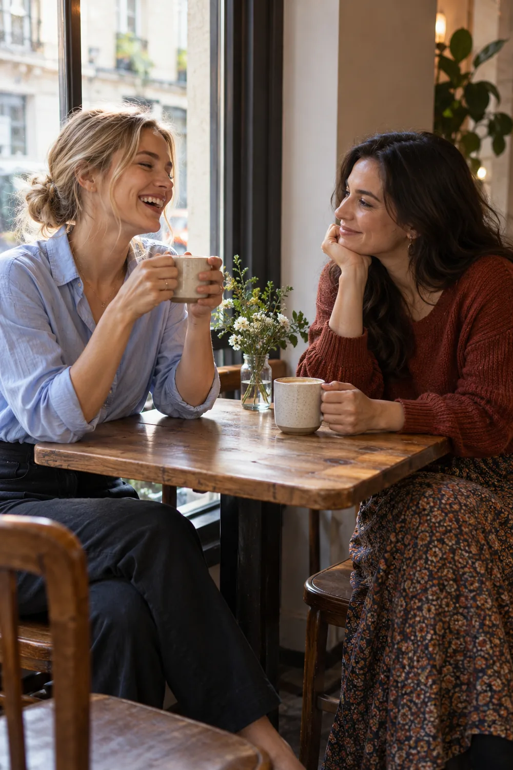 Two adult women friends sit at a wooden window table with mugs; one laughs while the other listens in a rust sweater and long patterned skirt.