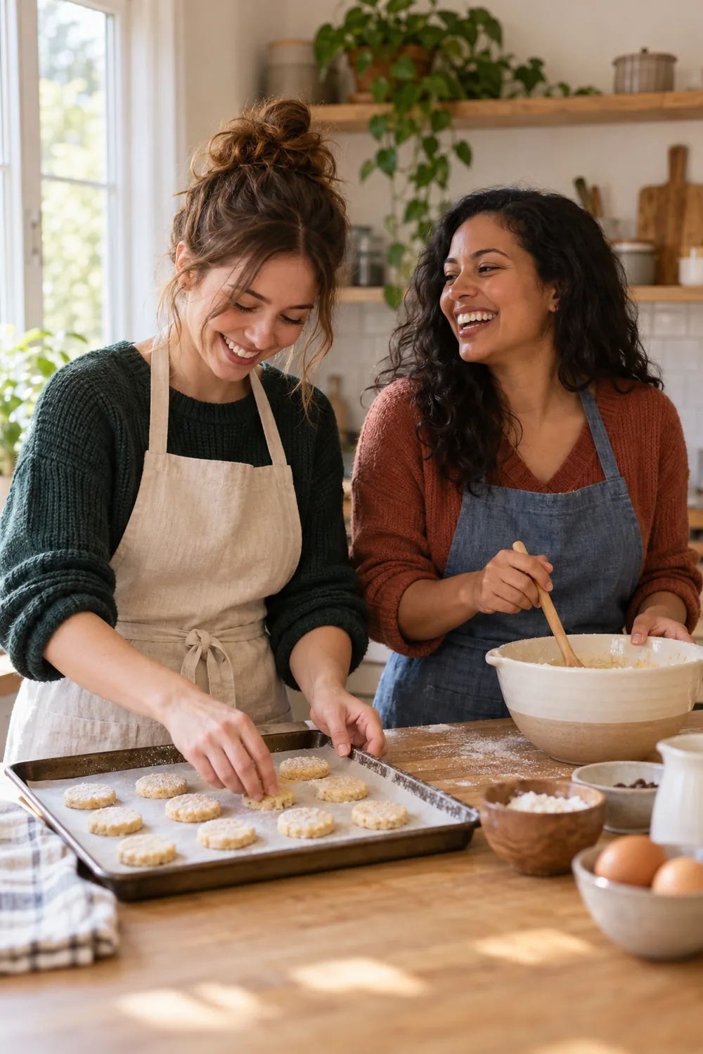 Two adult women friends in aprons laugh and bake biscuits together at a sunlit kitchen counter.