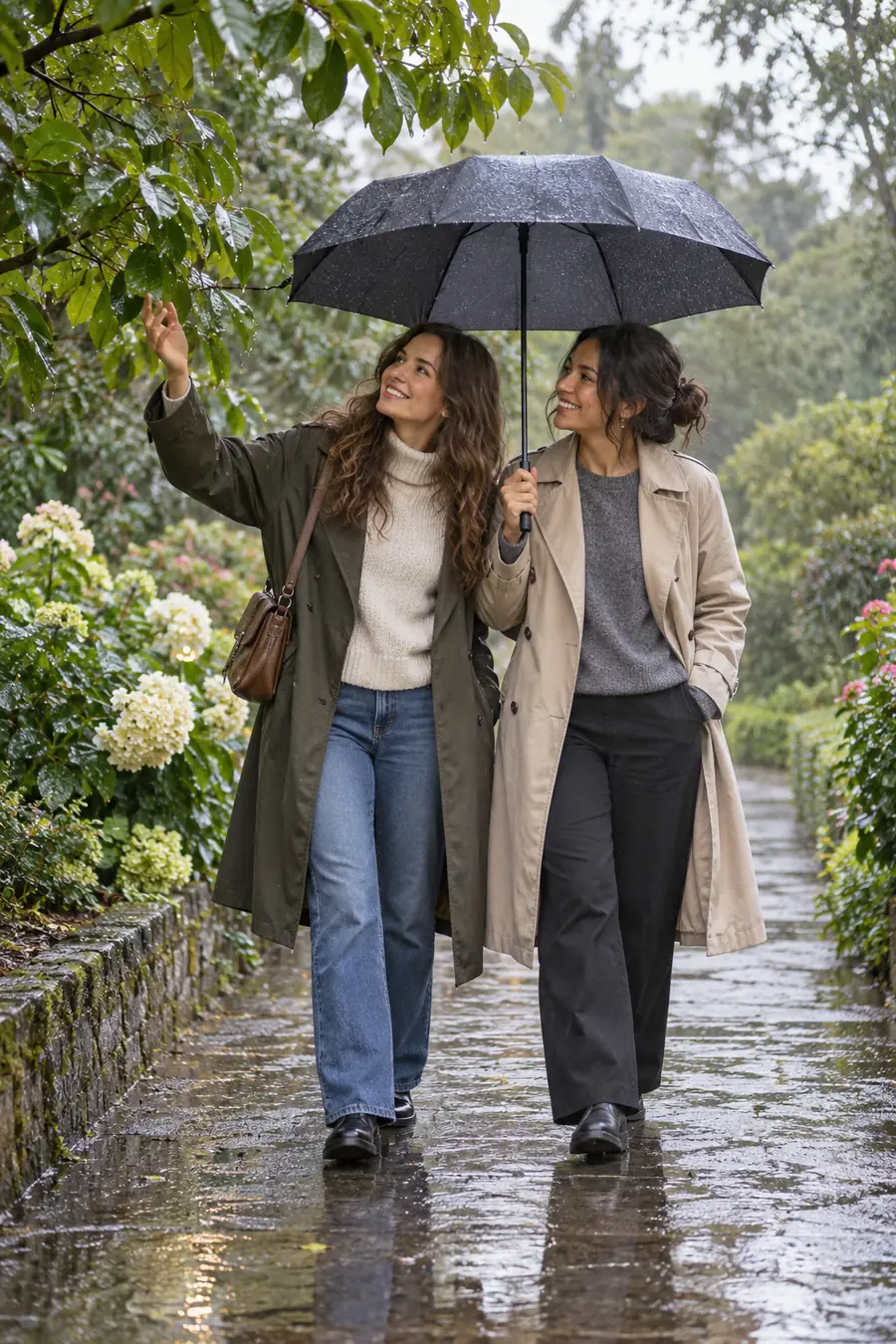 Two adult women friends walk beneath one black umbrella on a wet garden path, smiling at rain-speckled leaves.