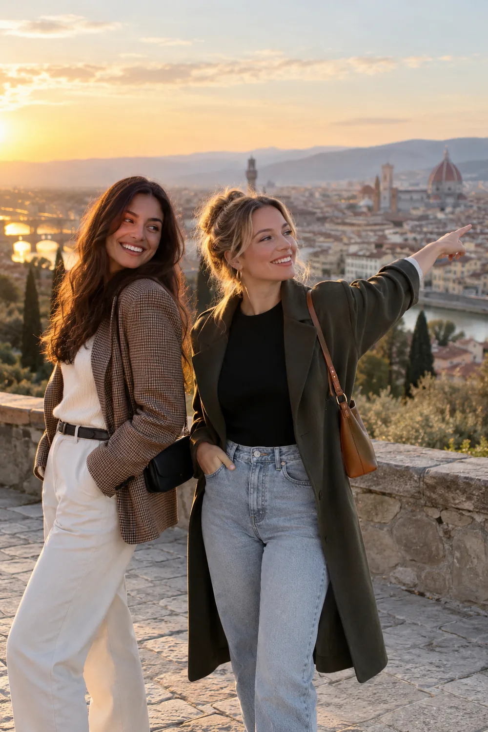 Two adult women friends in smart-casual jackets smile together at a stone city overlook as one gestures toward the skyline at sunset.