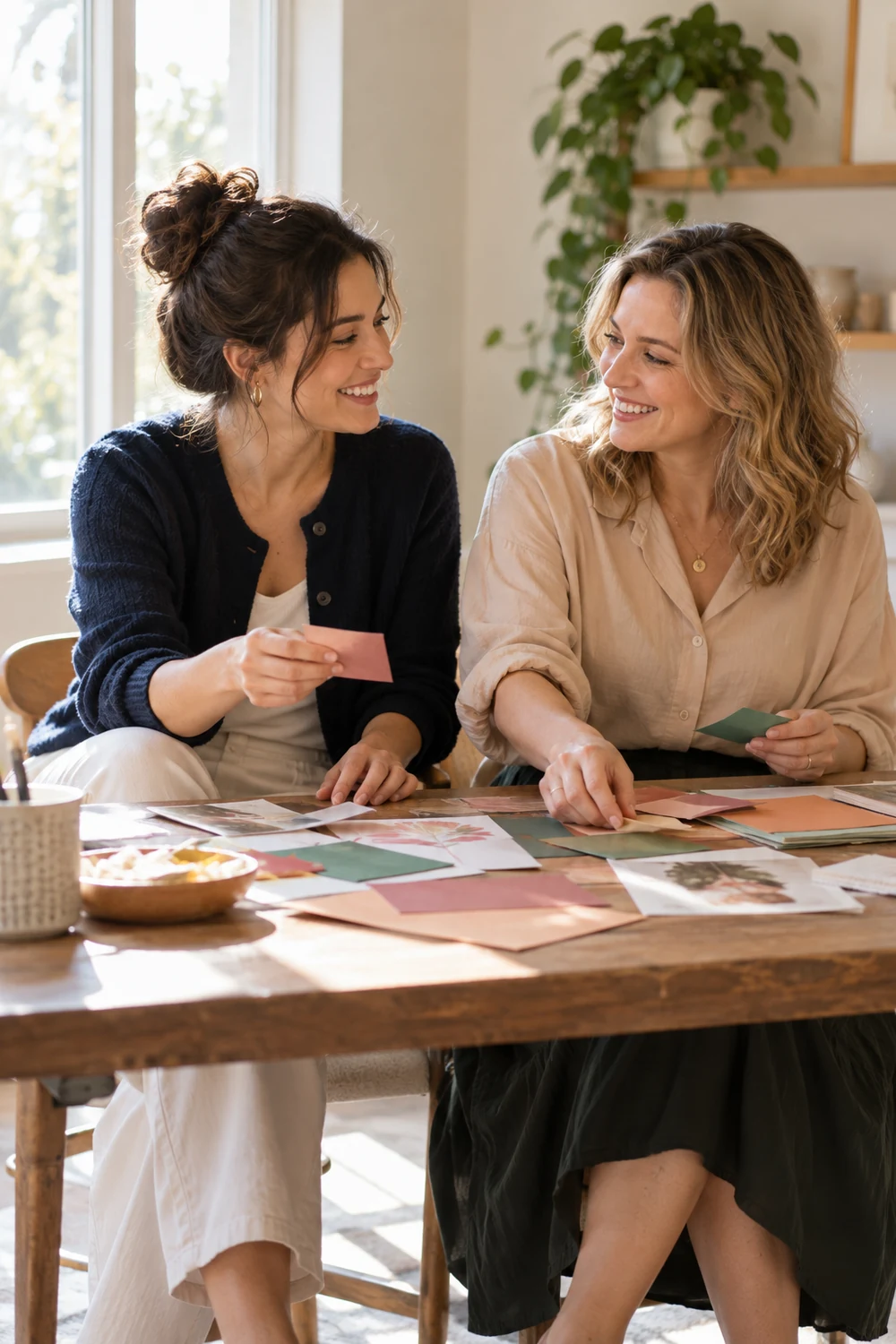 Two adult women friends seated at a table, smiling at each other as they arrange colored paper pieces in soft window light.
