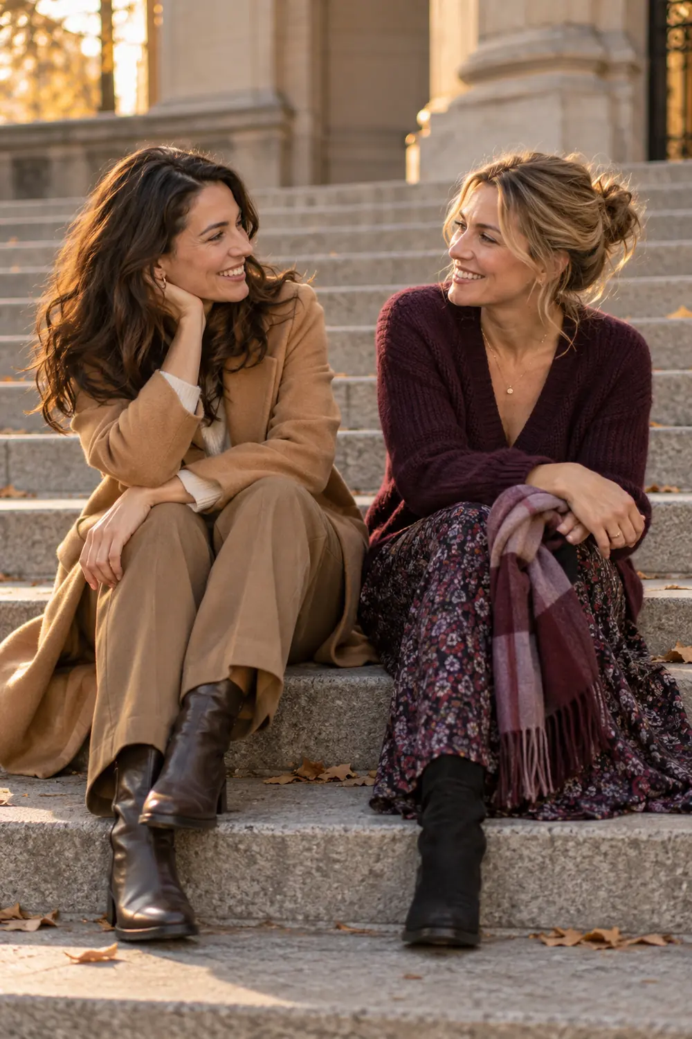 Two adult women friends smile at each other while seated on broad stone steps in warm evening light; one holds a folded scarf.