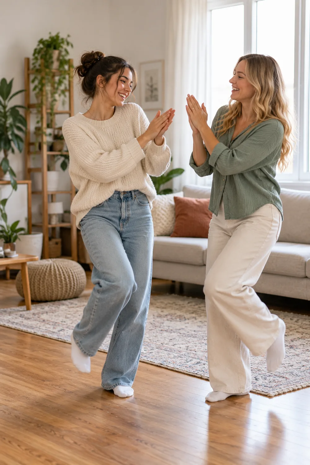 Two adult women friends smile and clap during a playful dance in a bright living room, framed full length with a sofa behind them.