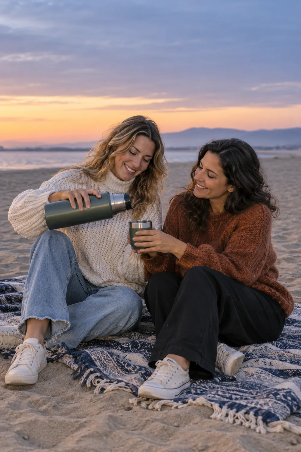 Two adult women friends sit on a patterned blanket on dry sand, pouring and sharing a thermos as the sun sets over a calm beach.
