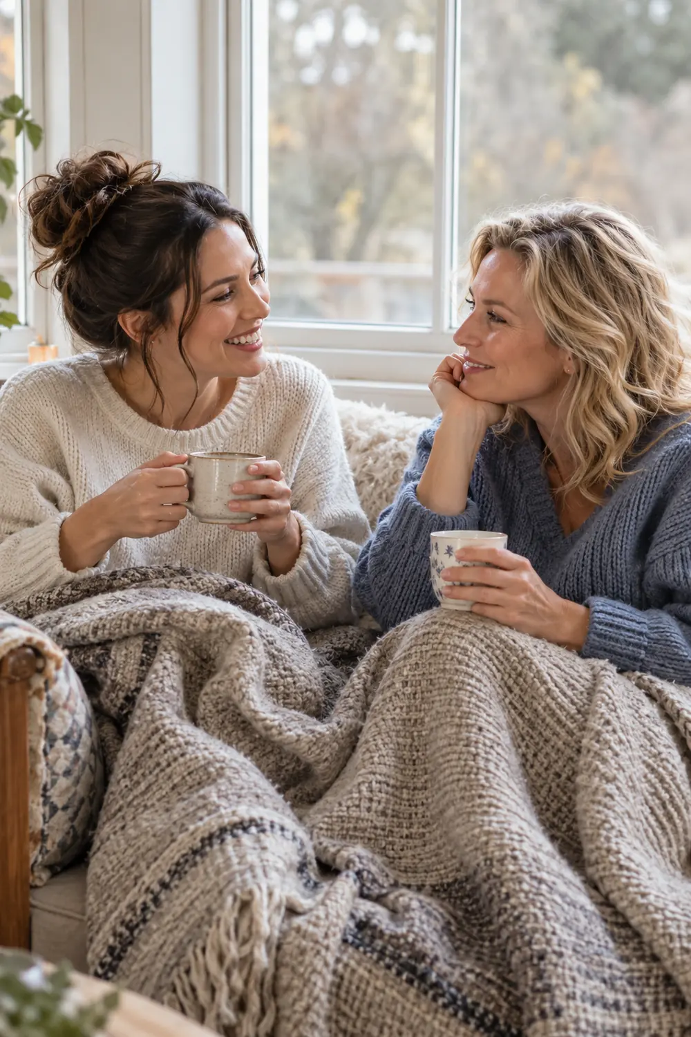 Two adult women friends in soft sweaters sit beneath a patterned blanket on a window seat, smiling at each other as they hold tea cups.