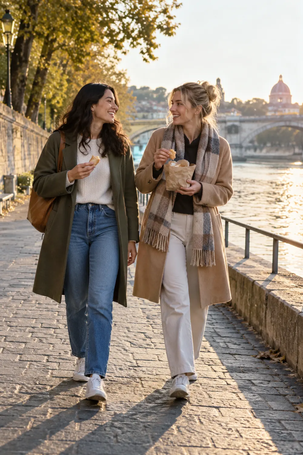 Two adult women friends walk and share a paper-wrapped snack on a riverside path in warm late-afternoon light.