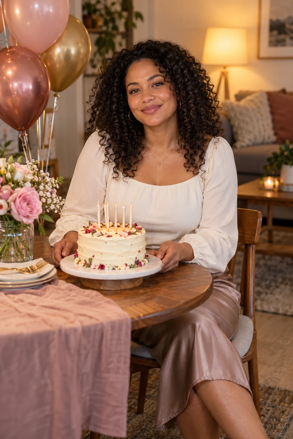 Adult woman in a cream blouse seated at a warmly lit home table with a birthday cake, flowers and balloons.