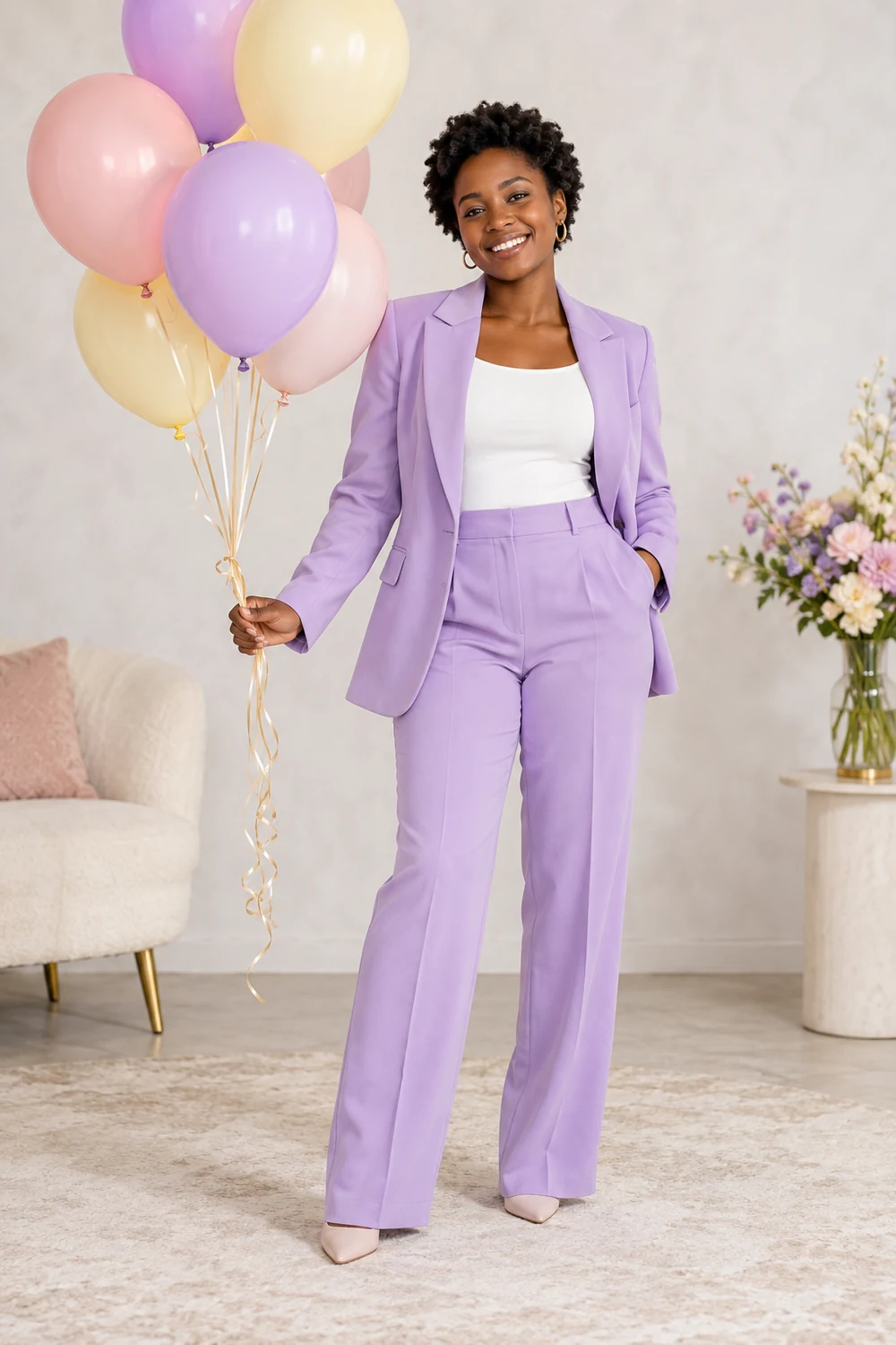 Woman in a lilac pantsuit holding pastel balloon ribbons in a bright studio, with flowers and neutral seating nearby.
