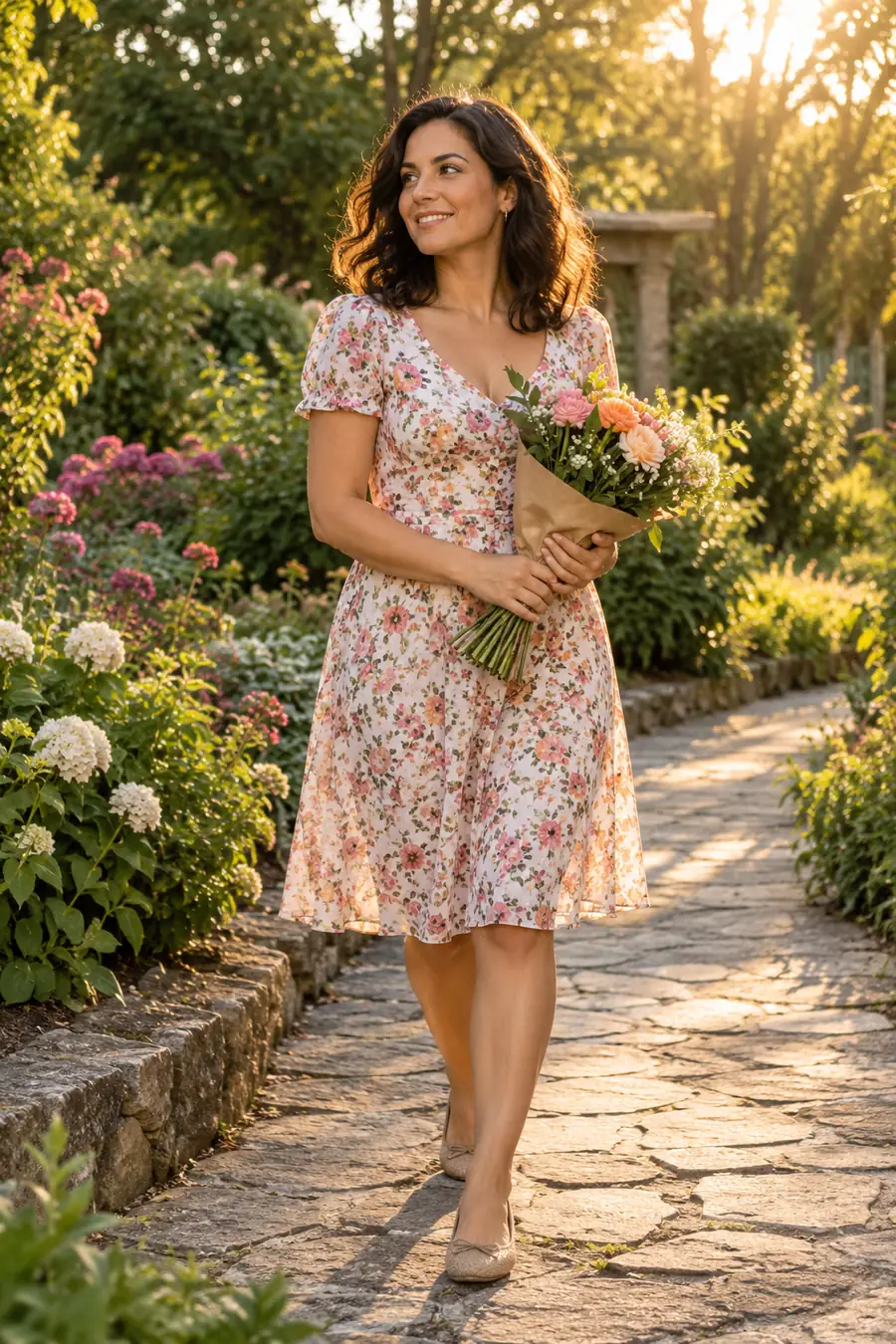 A woman in a knee-length floral dress walks along a garden path holding a bouquet in warm golden-hour light.