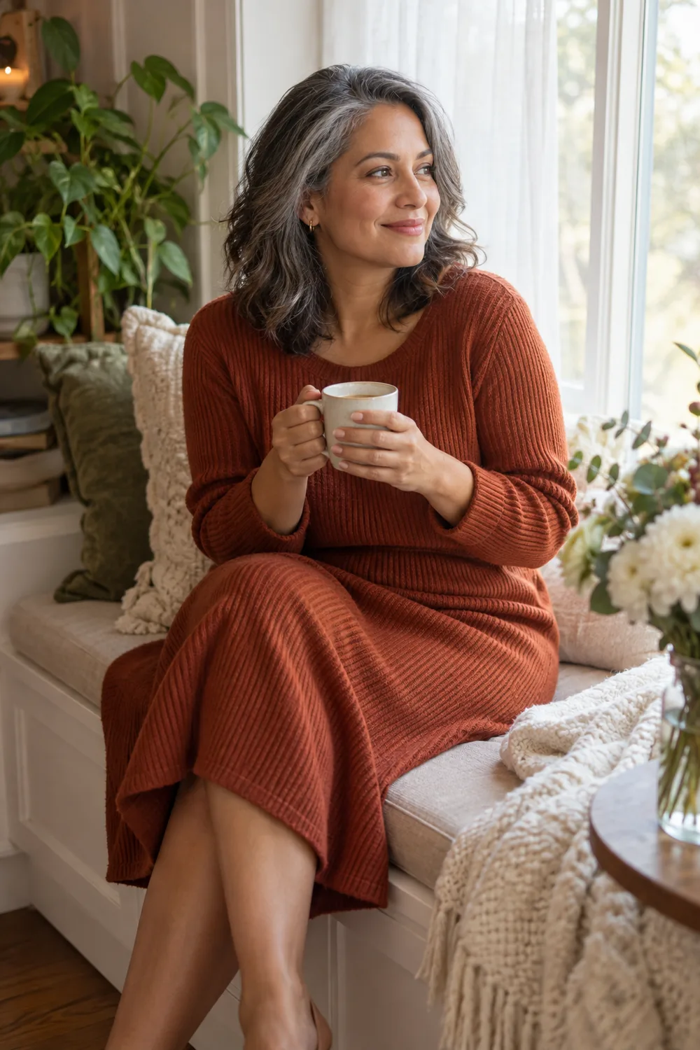A salt-and-pepper-haired woman in a rust knit dress sits on a cushioned window seat holding a ceramic cup, with a leafy plant nearby.