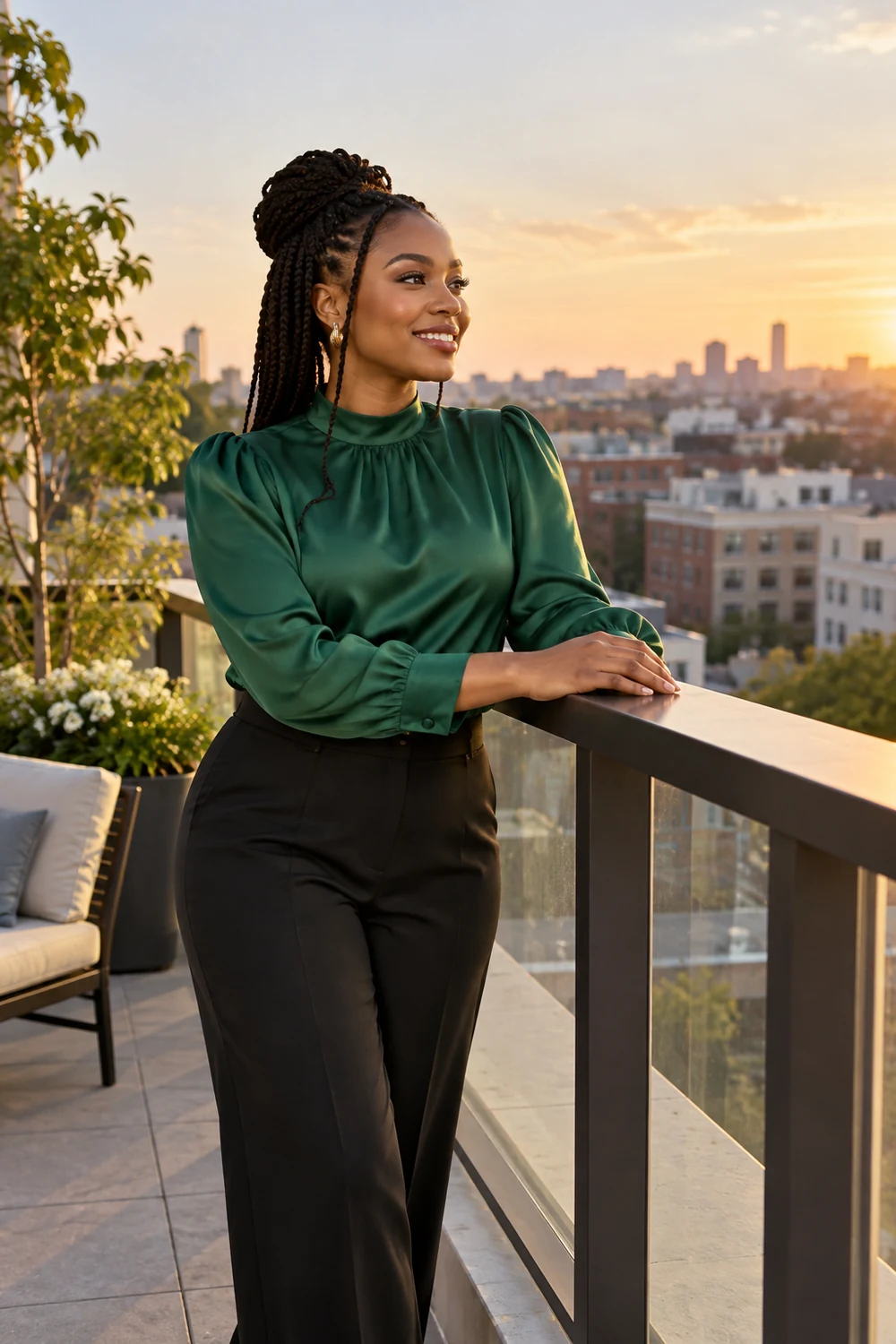 An adult woman with braided hair wears an emerald blouse and black trousers while resting her hands on an enclosed terrace railing overlooking city rooftops at sunset.