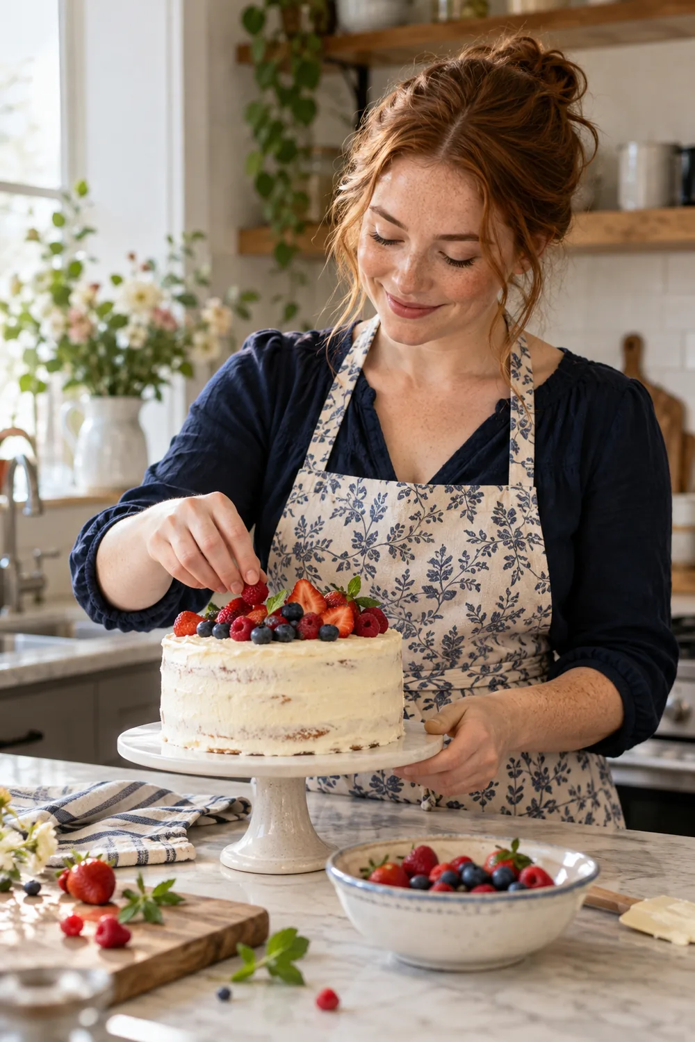 A freckled woman with loosely tied auburn hair, wearing a navy blouse and floral apron, decorates a berry-topped cake at a bright home kitchen counter.