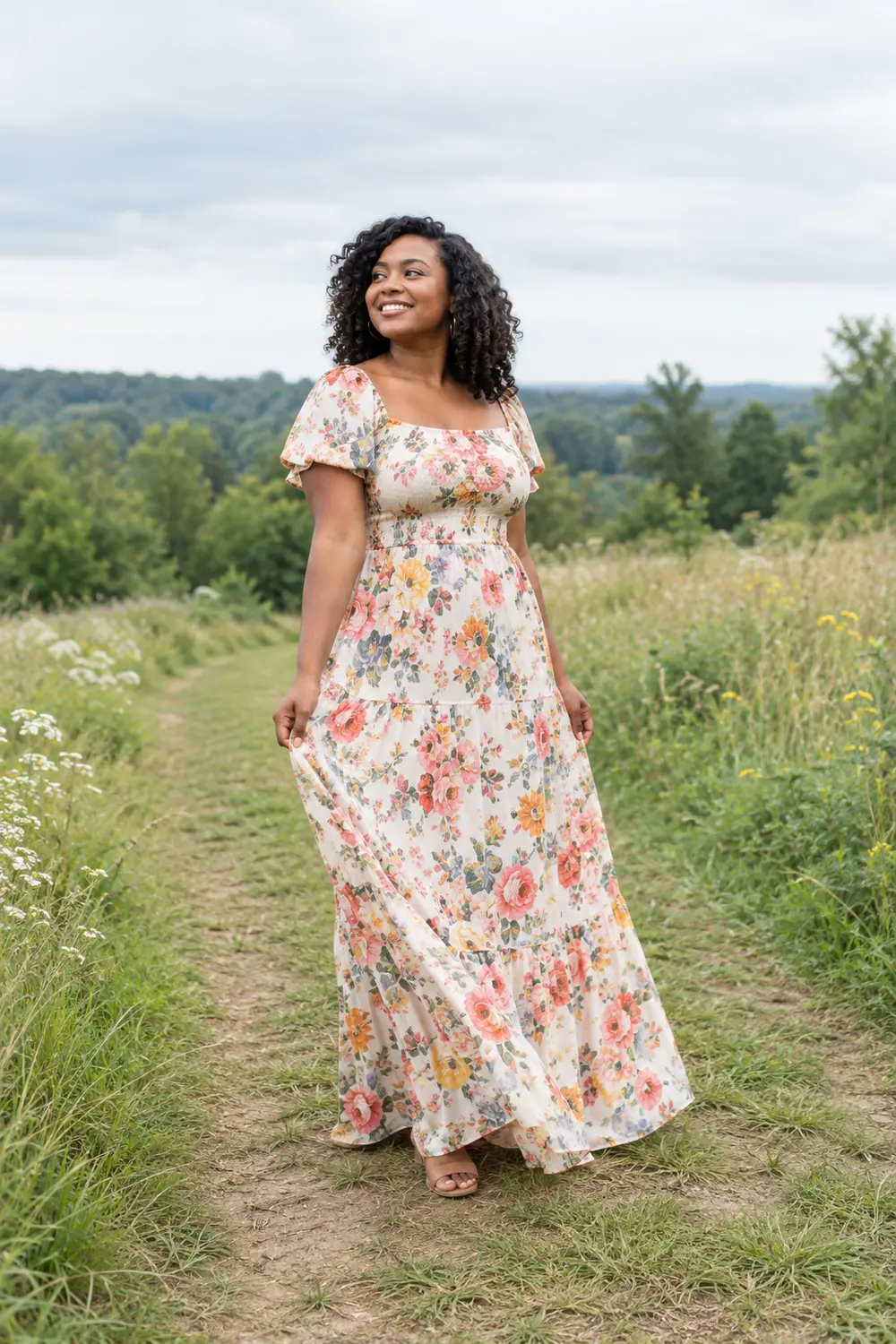 A smiling woman with shoulder-length curls in a floral maxi dress stands on a meadow path, holding the skirt lightly.