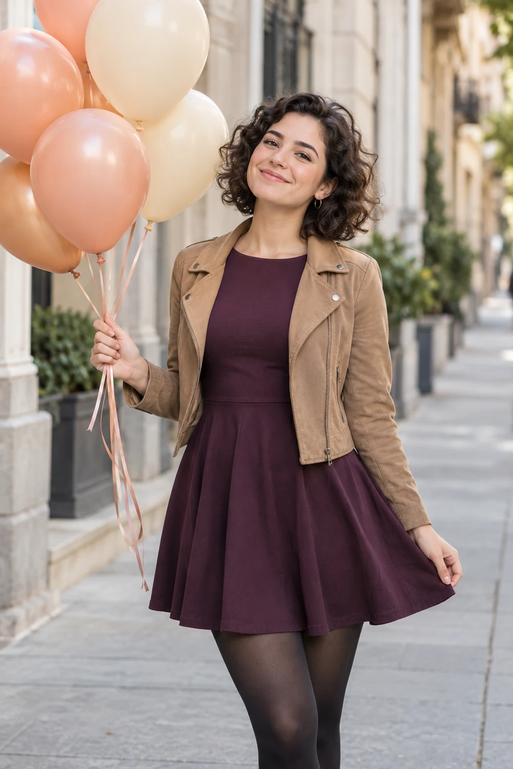 A woman in a plum dress and tan jacket holds peach and cream balloons on a quiet city sidewalk.