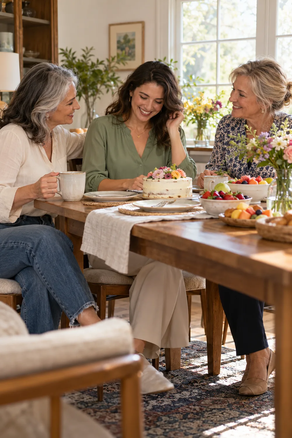 A woman in a soft green blouse shares birthday brunch with two adult relatives around a table set with cake, fruit, plates, and flowers.
