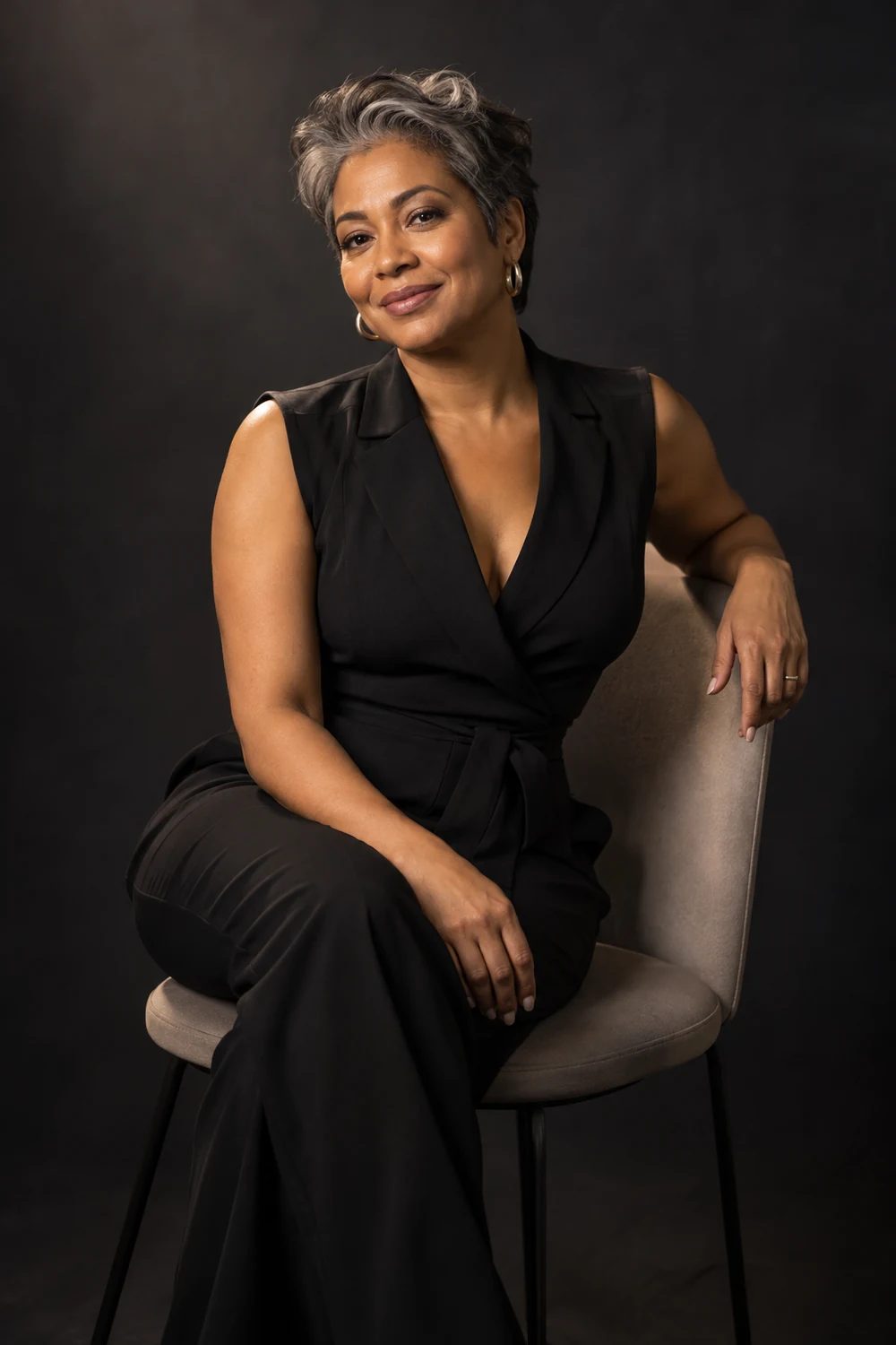 A woman with short silver-streaked hair sits on a plain chair in a charcoal studio, wearing a black jumpsuit under soft directional light.