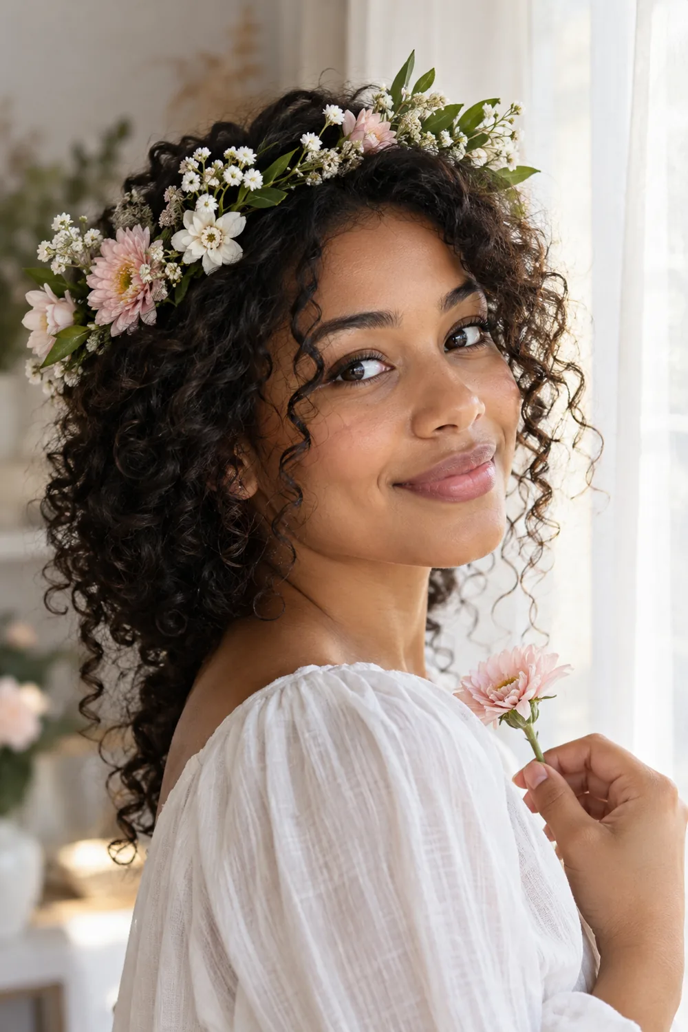 A woman in a white blouse and flower crown turns toward the camera while holding a pink flower near her shoulder beside a bright curtained window.