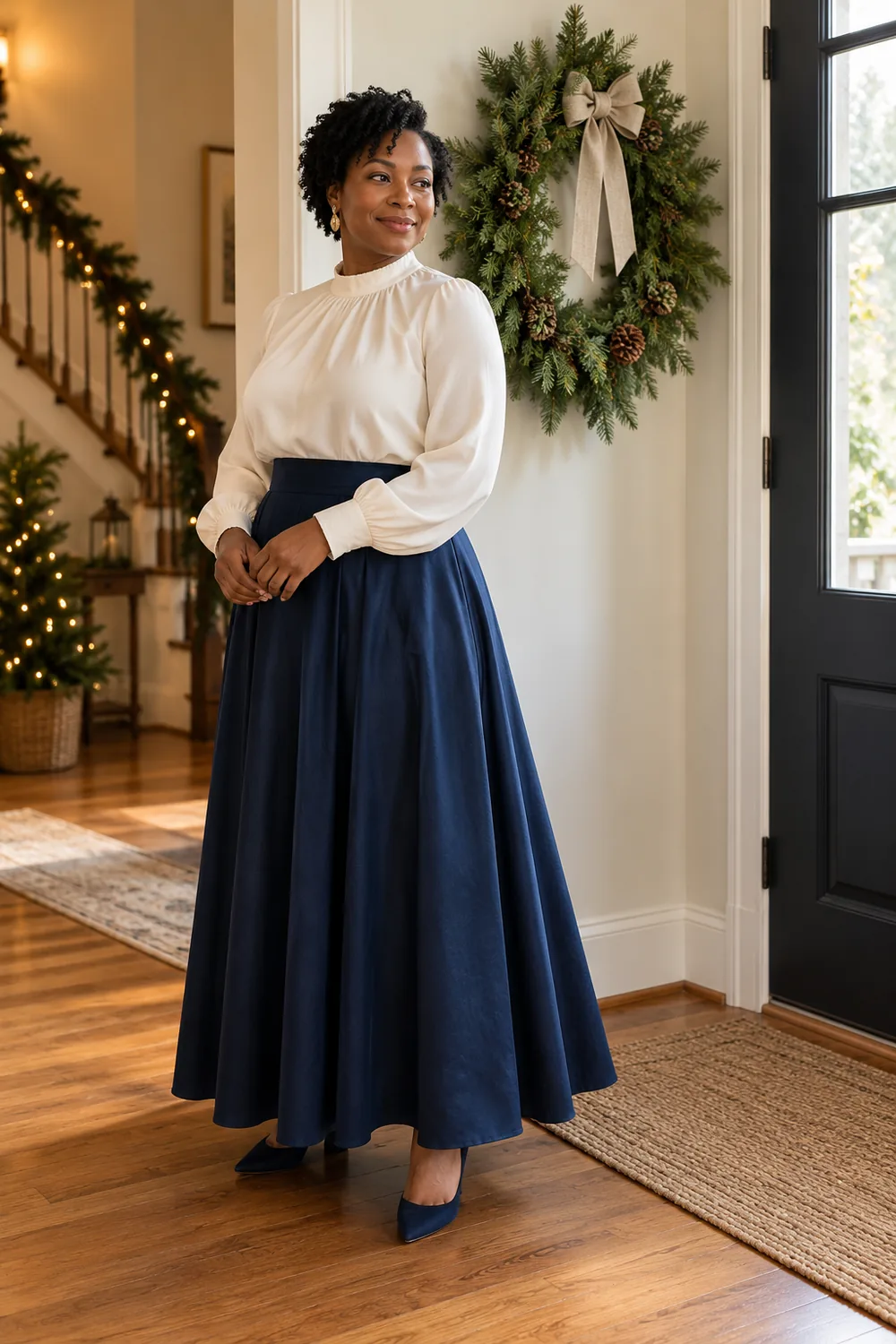 Full-length portrait of an adult woman in an ivory blouse and navy skirt, standing beside an evergreen wreath in a warmly decorated entryway.