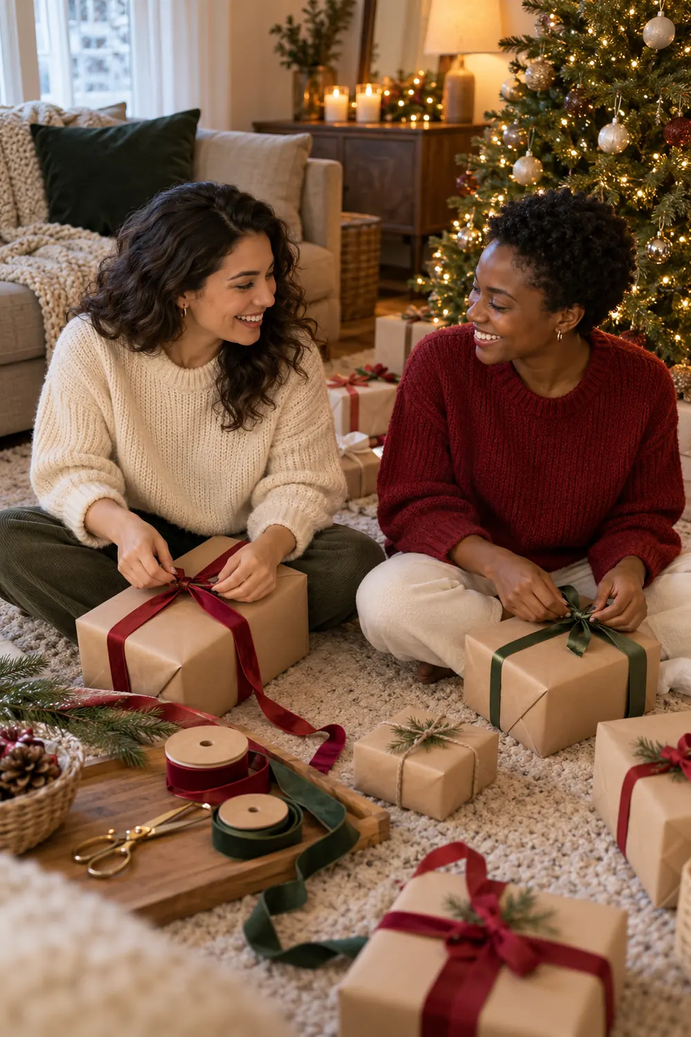 Two adult women sit cross-legged on a living-room rug, smiling toward each other as they tie ribbon onto plain wrapped gifts, with a lit Christmas tree and warm lamp behind them.