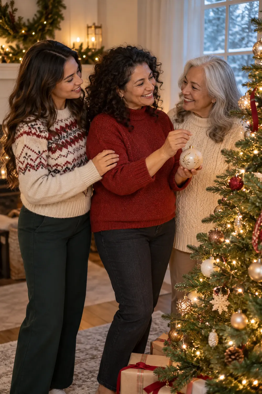 Three adult women in sweaters smile together beside a decorated Christmas tree as one holds an ornament.