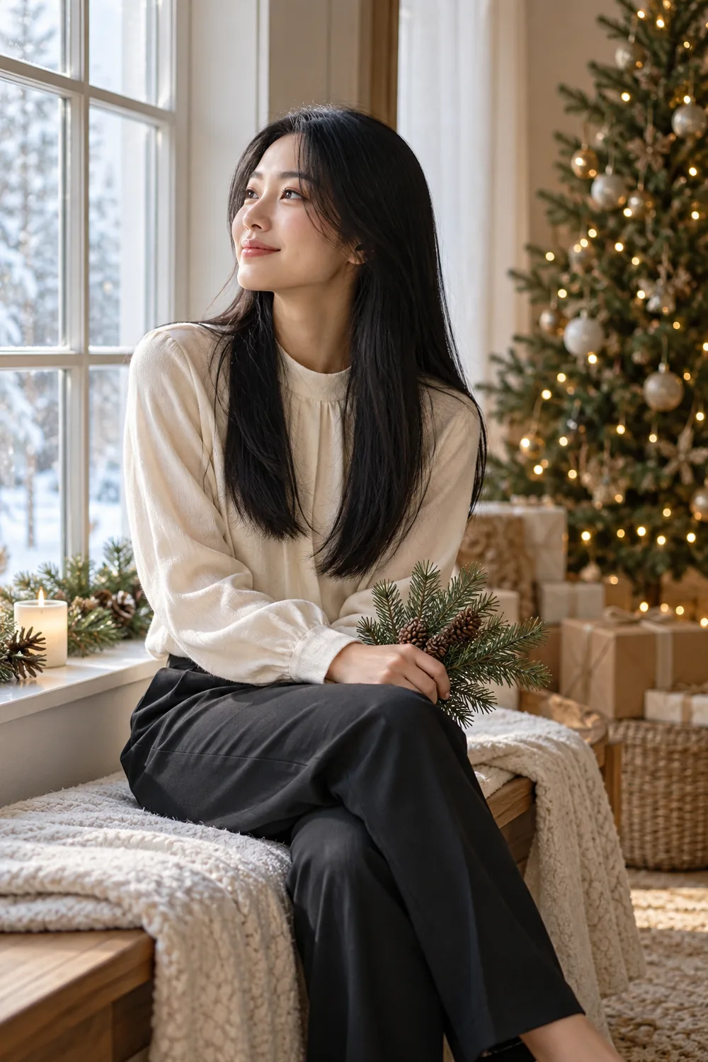 Adult East Asian woman in a cream blouse and dark trousers sitting on a bench by a bright window, holding an evergreen branch, with a lit Christmas tree and wrapped gifts nearby.
