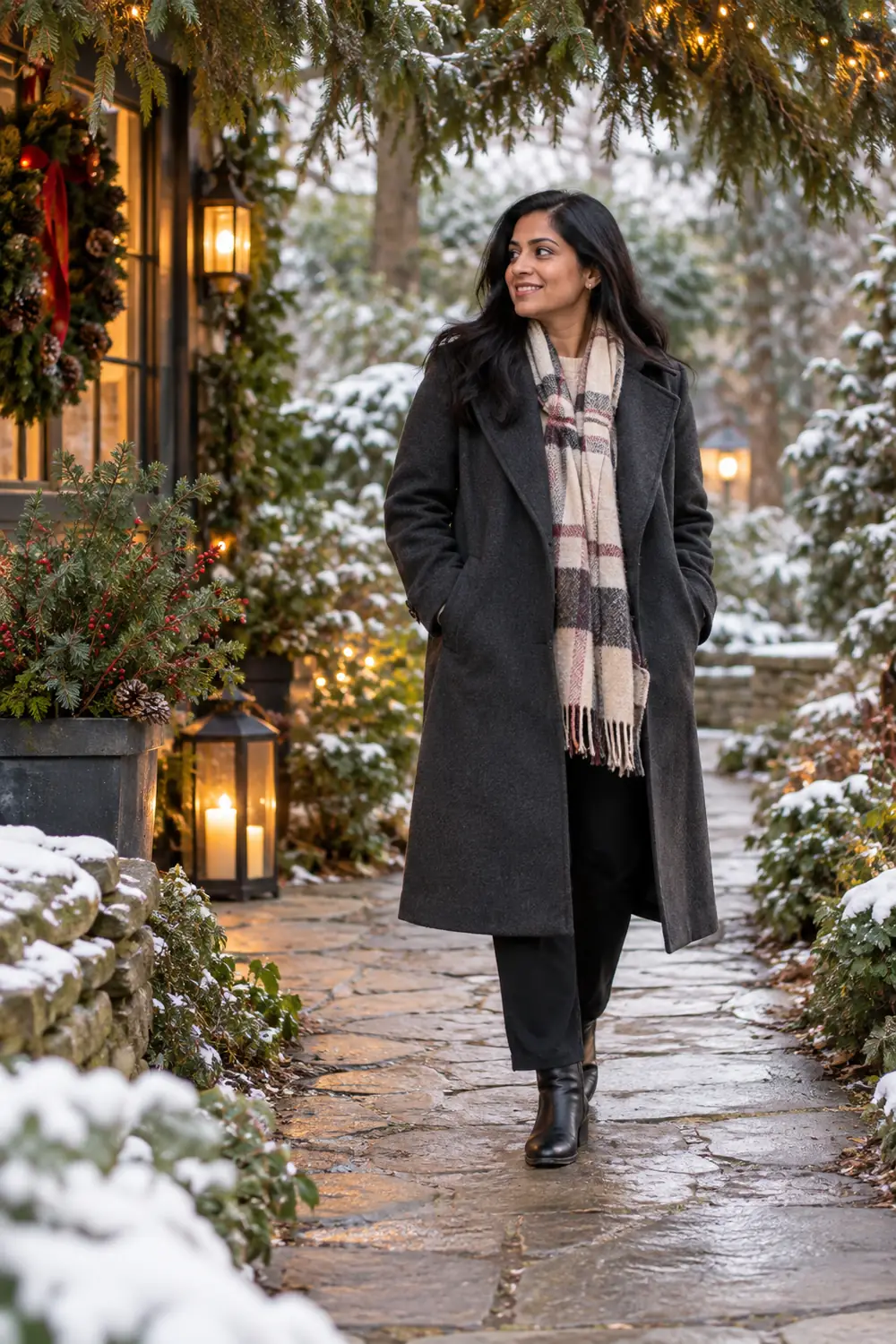 Adult South Asian woman in a charcoal coat and scarf walking on a snowy garden path beneath evergreens and warm lanterns.