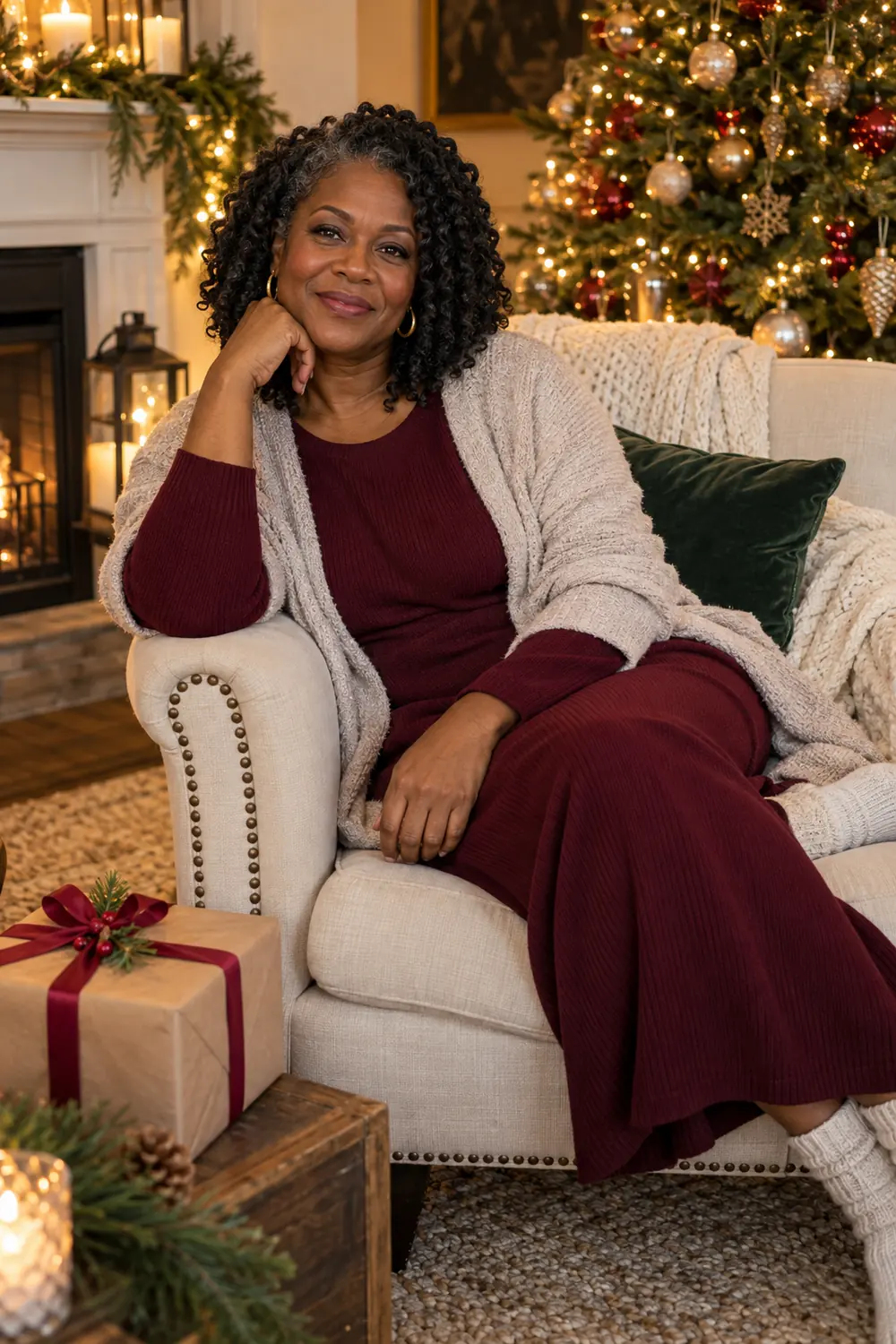 Adult Black woman in a burgundy dress and neutral cardigan seated in an armchair beside a wrapped gift, with a lit Christmas tree behind her.