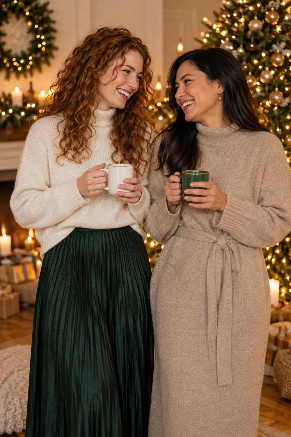 Two adult women in neutral knit outfits laugh together while holding mugs in front of glowing Christmas trees.