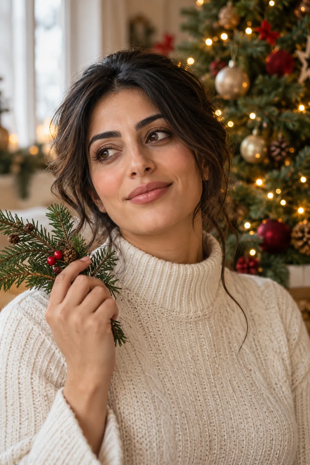 A woman in a cream knit sweater holds an evergreen sprig near her shoulder in front of a softly lit Christmas tree.