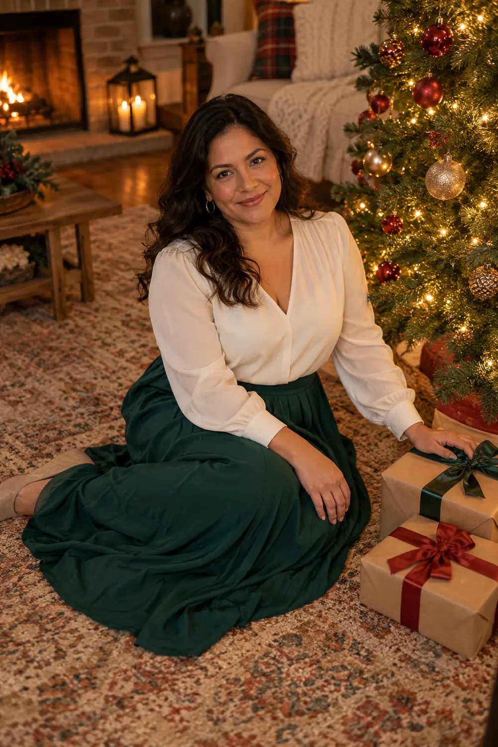 A woman in a cream blouse and dark green skirt sits on a rug beside two wrapped gifts under a decorated Christmas tree.