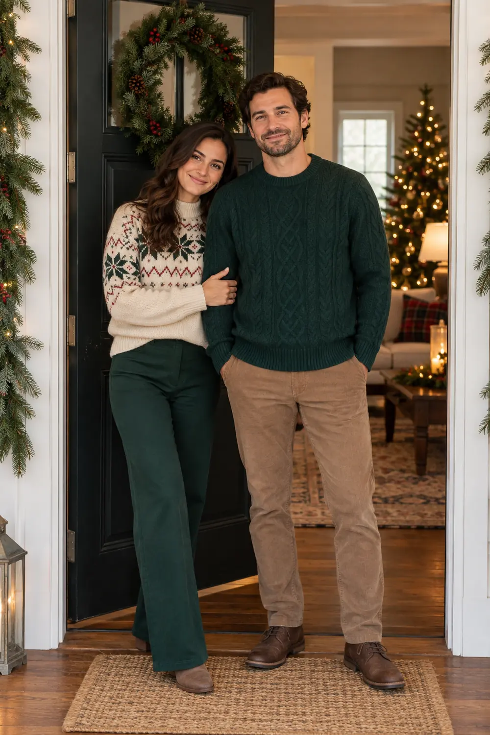 Adult couple in coordinated sweaters standing beneath a Christmas wreath in a doorway, with a lit tree and warm lamp behind them.