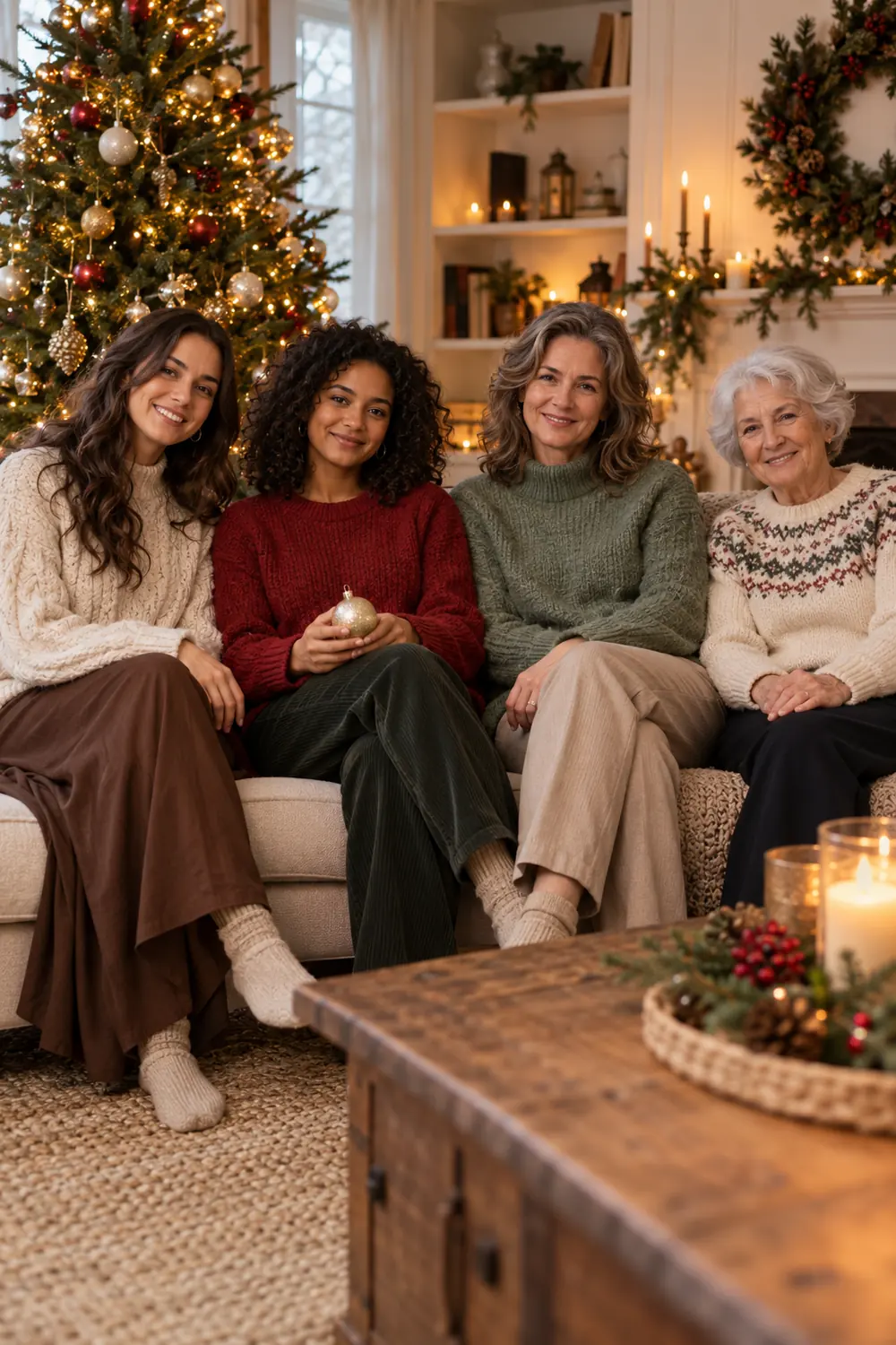 Four adult women in knit sweaters sit together on a sofa beside a decorated Christmas tree; one holds a plain ornament.