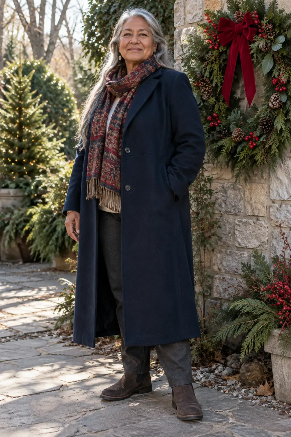 Silver-haired adult woman in a long navy coat standing beside a decorated evergreen wreath on a garden wall in soft daylight.