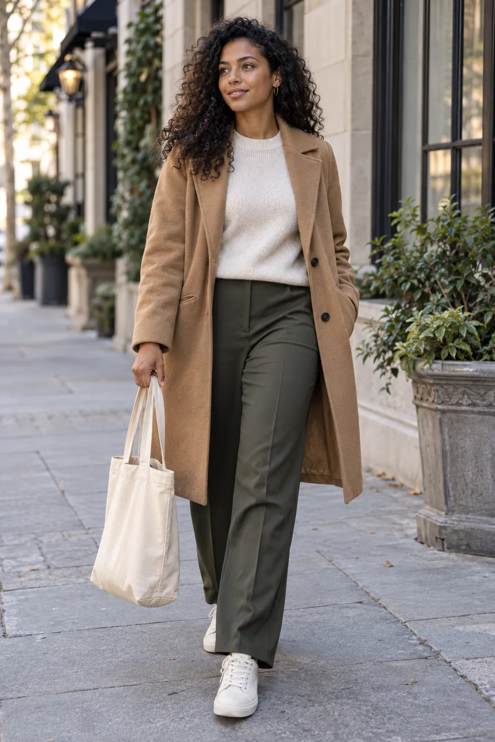 Adult woman in a camel coat and sneakers walking on a quiet city sidewalk with a plain canvas tote.