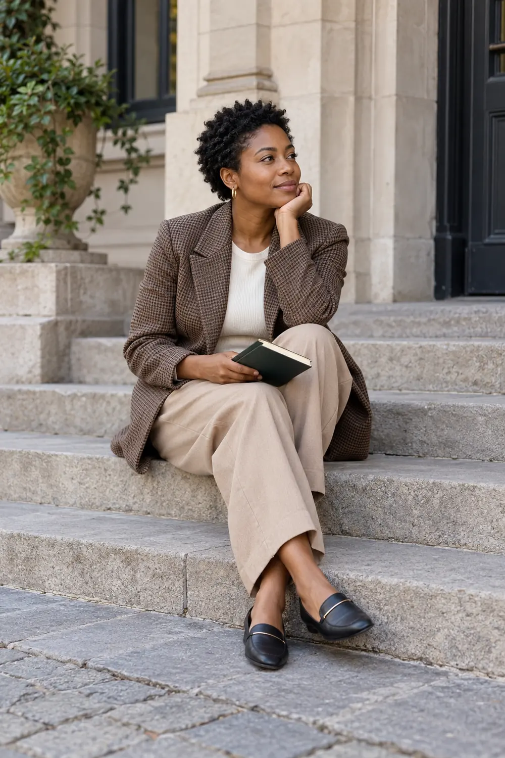 Adult woman with short coiled hair seated on broad stone steps, holding a small book and looking to the side.